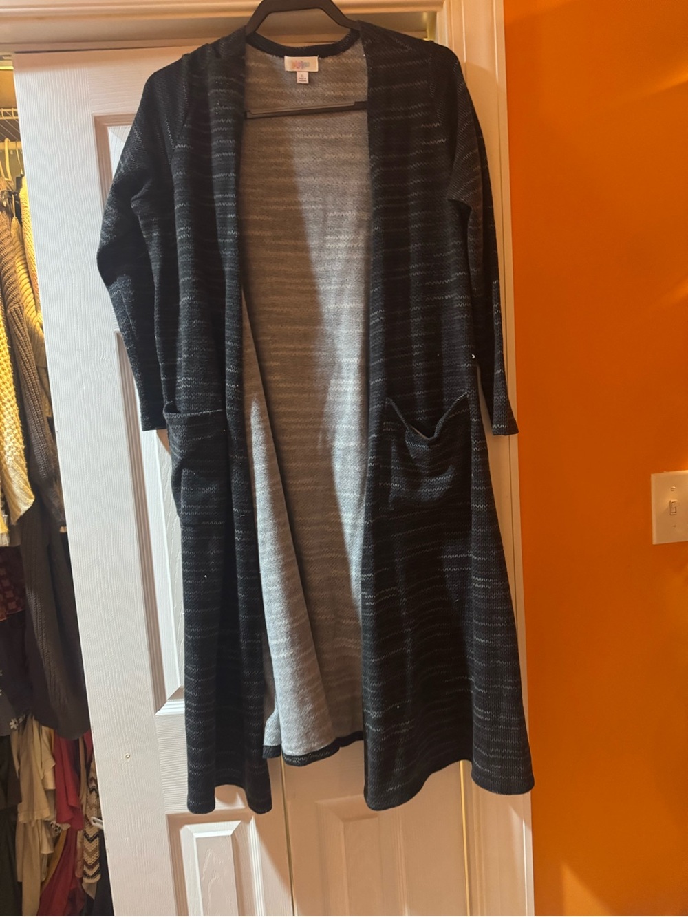 LuLaRoe long open-front duster cardigan in black and gray